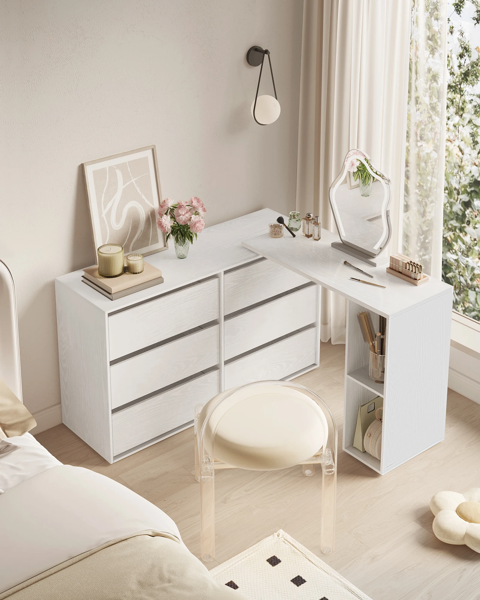 SONGMICS HOME Kommode, Schrank, Schminktisch mit Regal, Schnelle werkzeuglose Montage, nebeneinander oder L-förmig, für Schlafzi