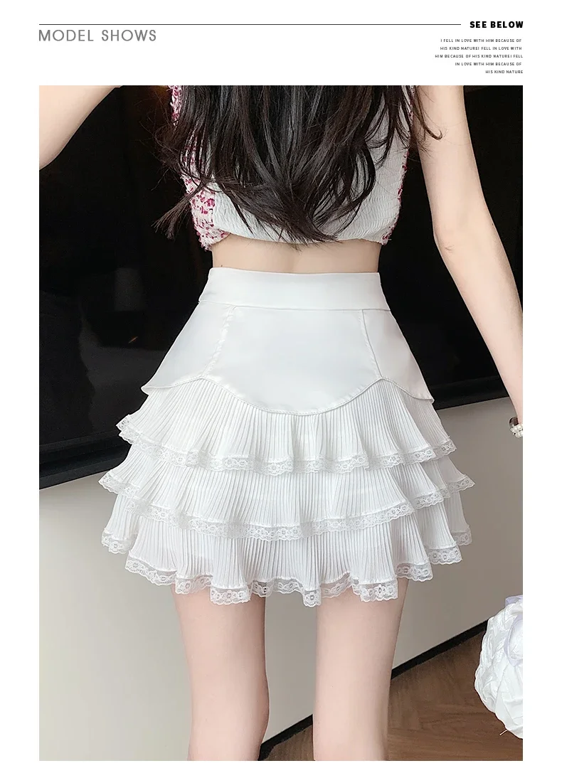 Sexy Puffy Skirt 2024 Summer New High Waist Sweet Lace Pleated Casual Fashion A- Line Skirt