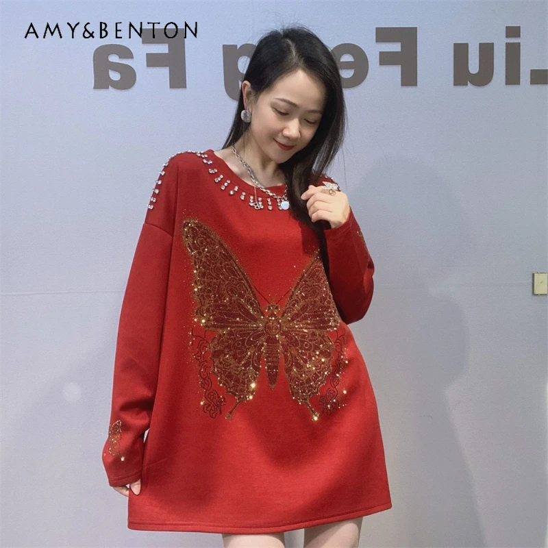 

Американская женская мода, свободный высококачественный топ с длинными рукавами для женщин, осенняя стильная футболка средней длины с круглым вырезом для тяжелой промышленности