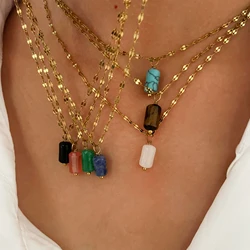 Peri'sbox Dainty Colorful Natural Stone Small Cylindrical Pendant Necklaces for Women Stainless Steel Gold Plated Chain Necklace