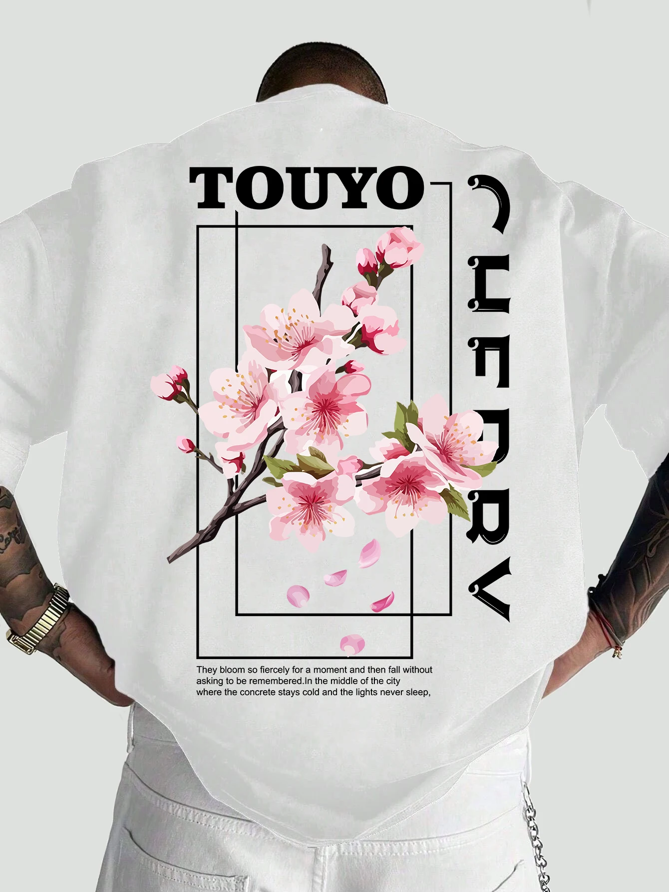 T-shirt oversize pour homme TOUYO, motif cerisier, texte poétique vertical, impression au dos, streetwear japonais, coupe ample