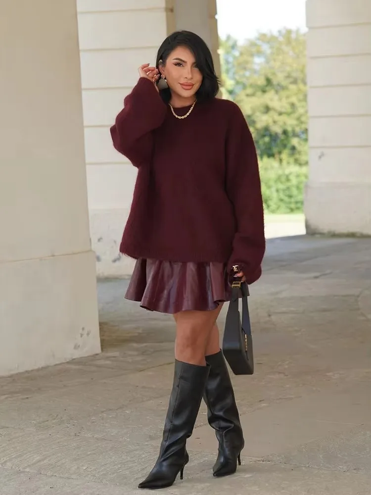 HH Winter Women Burgundy Long Sleeve Pullovers Casual O-neck Loose Fluffy Fuzzy Jumper Sweater Female Fashion Knitted Tops