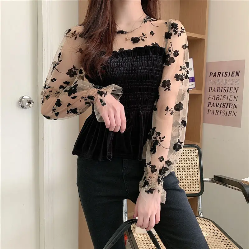 Fashion Commute Spring Autumn New Blouses Women\'s Round Neck Patchwork Gauze Printed Ruched Slim Long Sleeve Gold Velvet Shirts