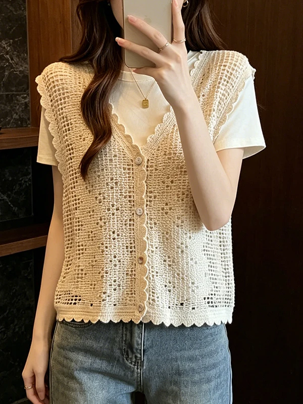 

Large Size Bohemian Style Hollow out V-Neck Women's Tank Top Sleeveless Summer New Fashion Layering Outerwear