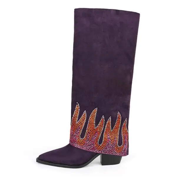 

Fire Flame Bling Rhinestone Purple Orange Blue Suede Fold Knee High Boots Women 7 CM Square Heels Pointed Toe Long Botas Shoes