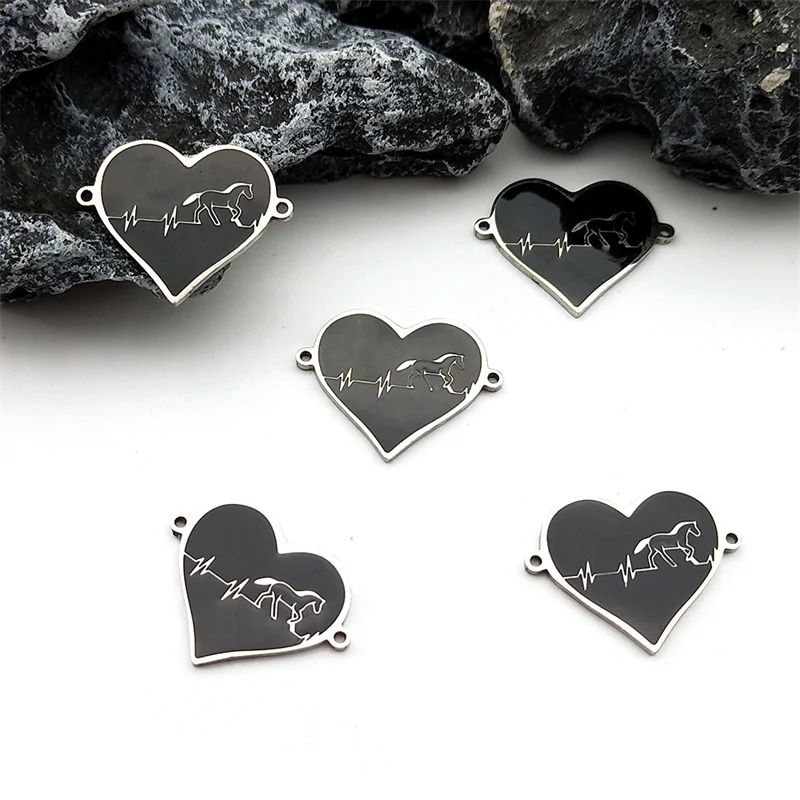 5PCS Heartbeat Horse Charm Connector Stainless Steel Pendant DIY Necklace Bracelet Handmade Jewelry Making Supplies