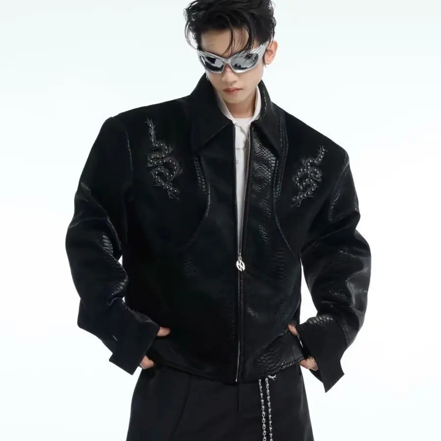 

Мужская модная черная куртка, пальто с заклепками и вышивкой, куртка из искусственной кожи для мужчин, роскошная облегающая куртка большого размера