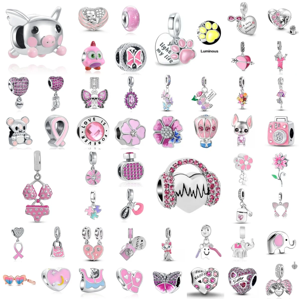 New 925 Silver Powder Series Flying Pig Bikini Butterfly Earphone Pendant Exquisite Jewelry Fit 3mm Bracelet Birthday Gift