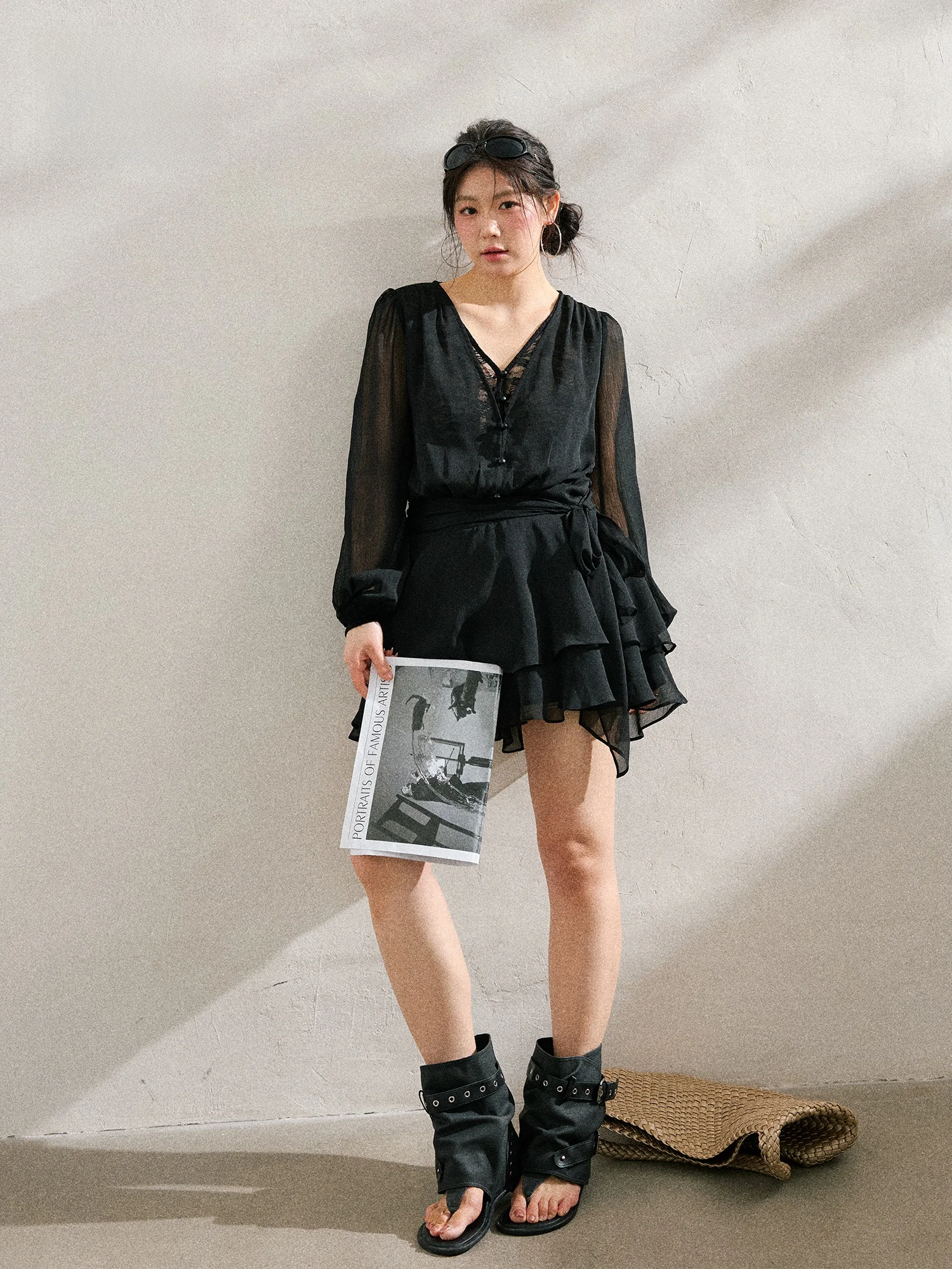 

Dark Gothic V-Neck See-Through Sensation Belted Chiffon Dress plus Size Summer Slimming Women's Clothing Zhan Grand Lady