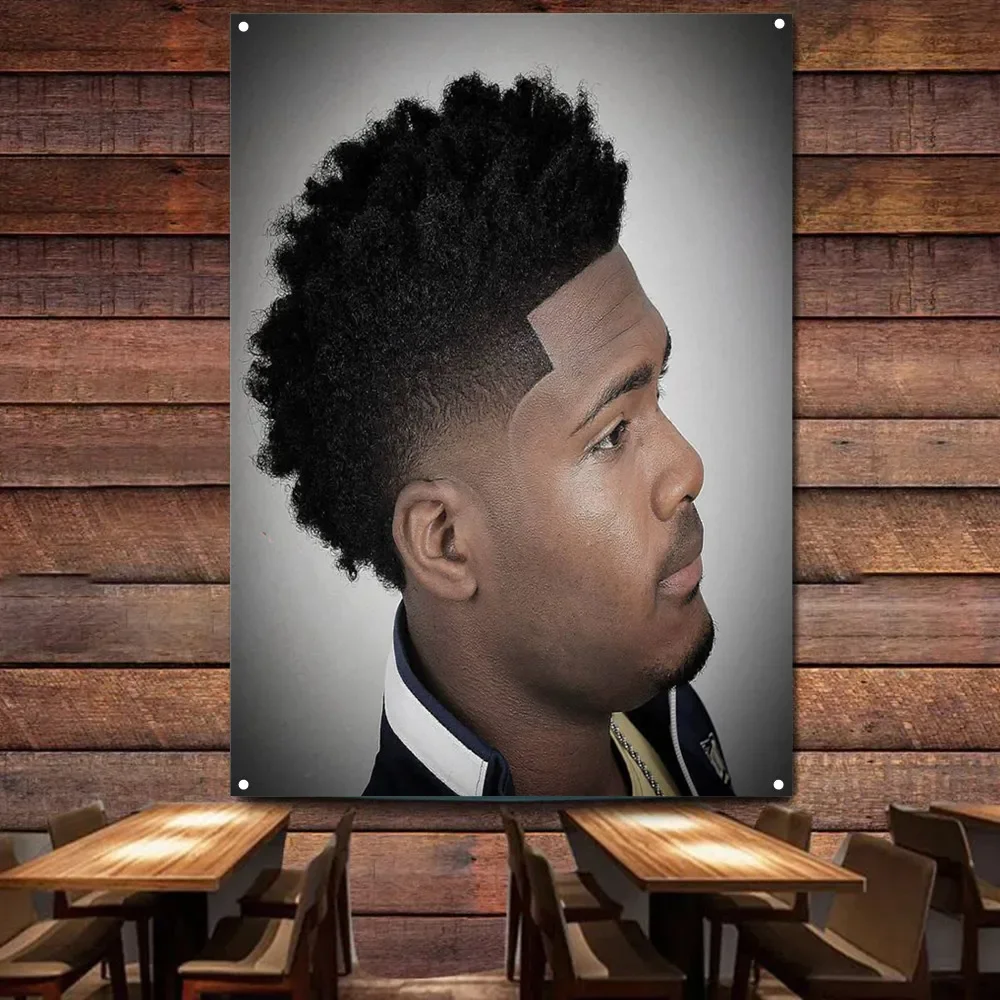 Tapiz decorativo de pared con diseño de corte de pelo degradado oscuro, bandera colgante, pósteres de peluquería, impresión digital, arte de pared para barbería, decoración interior