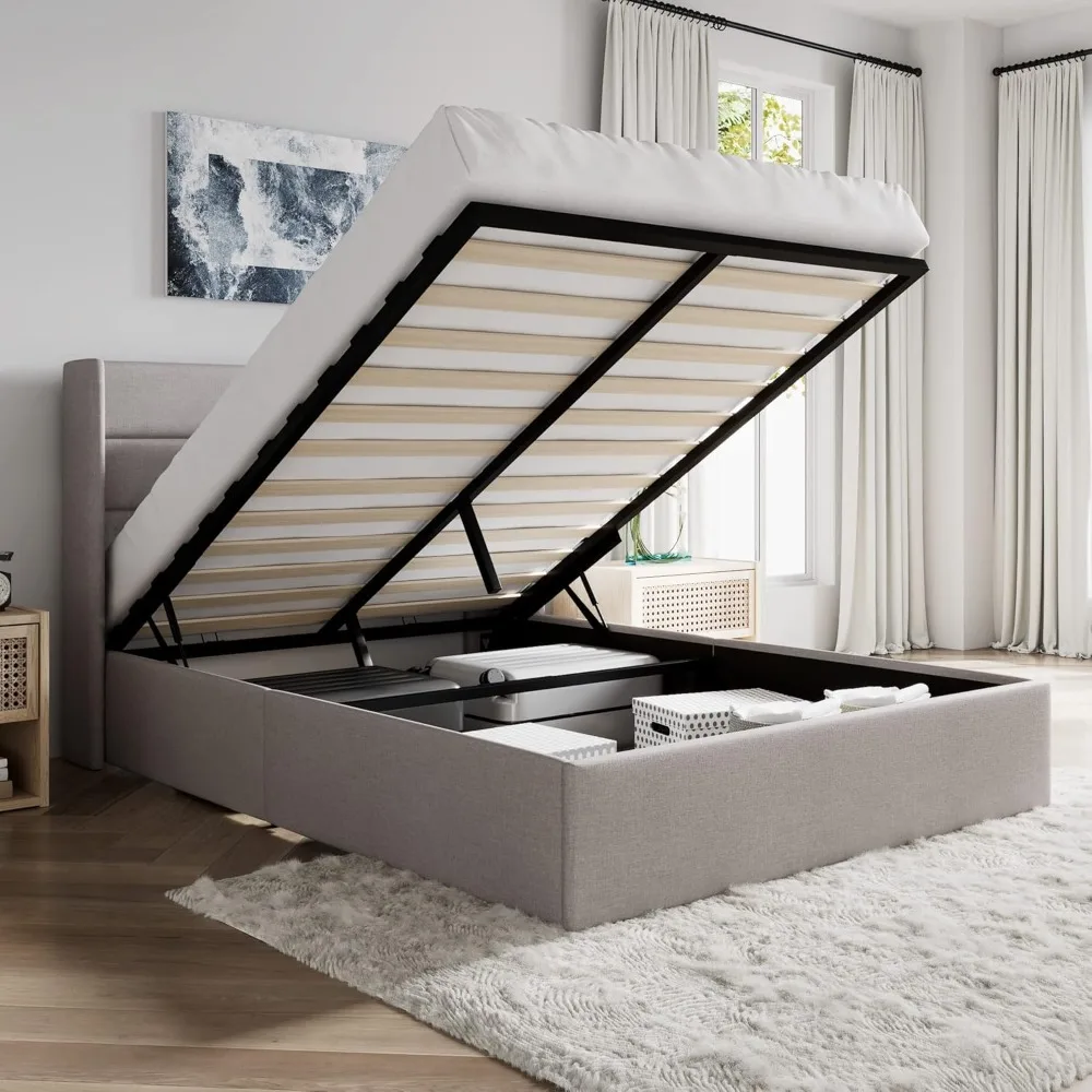 Elevating storage bed frame, modern backpack headboard, cushioned platform, no need for box springs,Bed Frame.