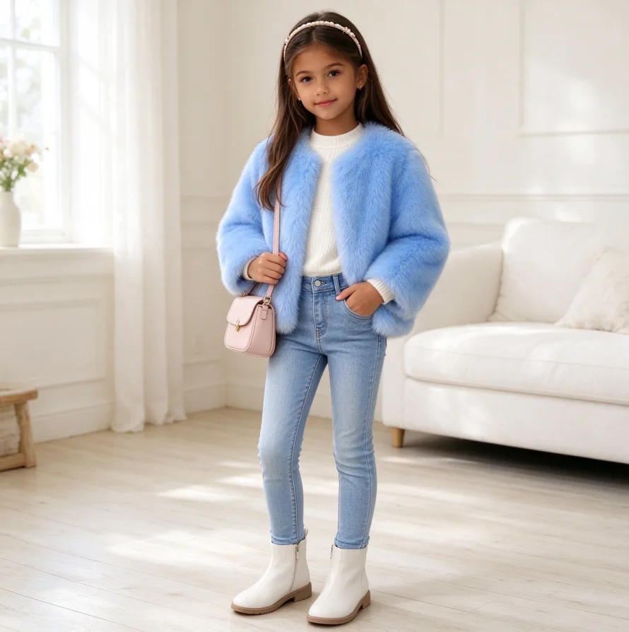 Children Faux Fox Fur Coats Solid Fur Jackets Thick Loose Fit Casual 2026 Autumn Winter Long Sleeves Round Neck Coverd Button