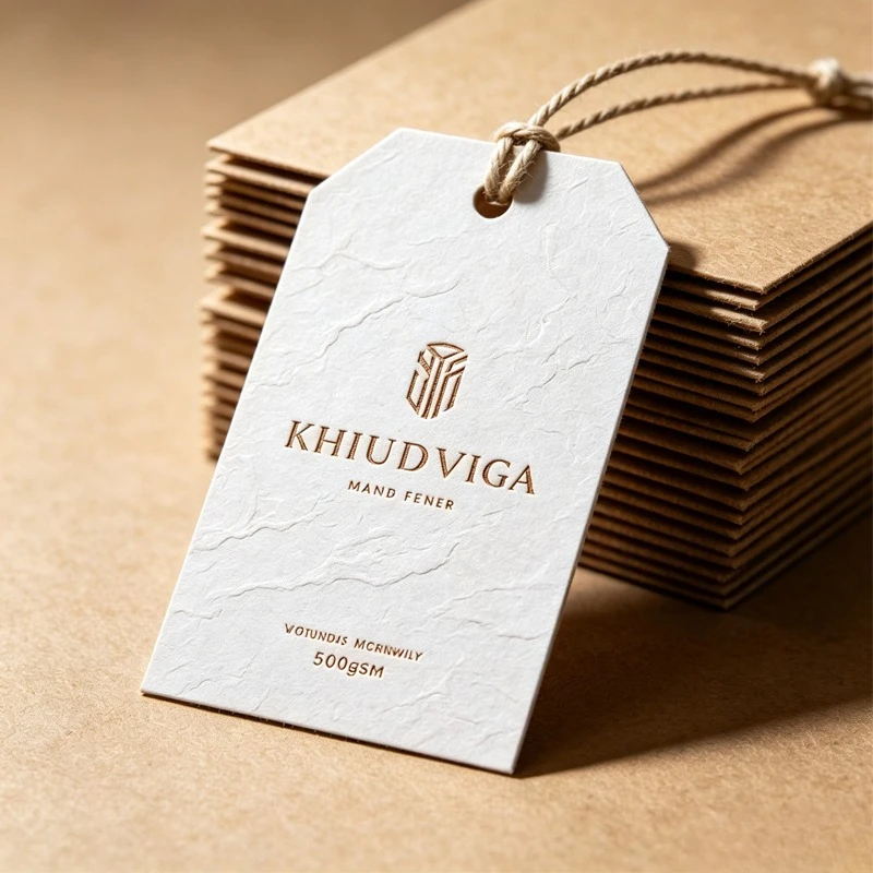 

500gsm Thick Cotton Paper Swing Hanging Tags, Luxury Embossed Brand Labels, Custom Printed Clothing Price Tags for Apparel