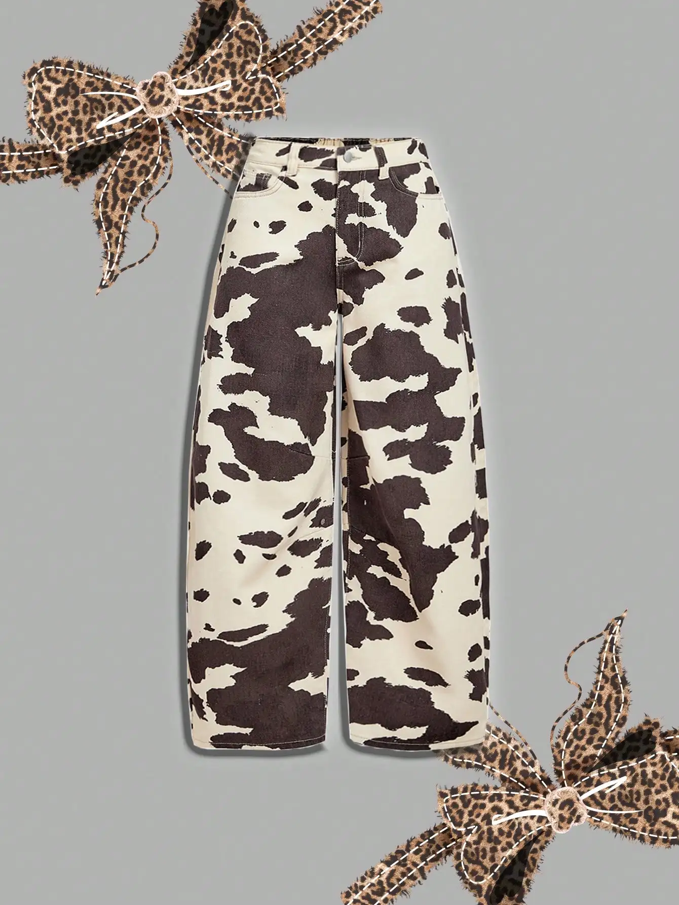 

Женские джинсы с широкими штанинами и принтом под корову, с высокой талией, повседневные, с карманами, летний стиль