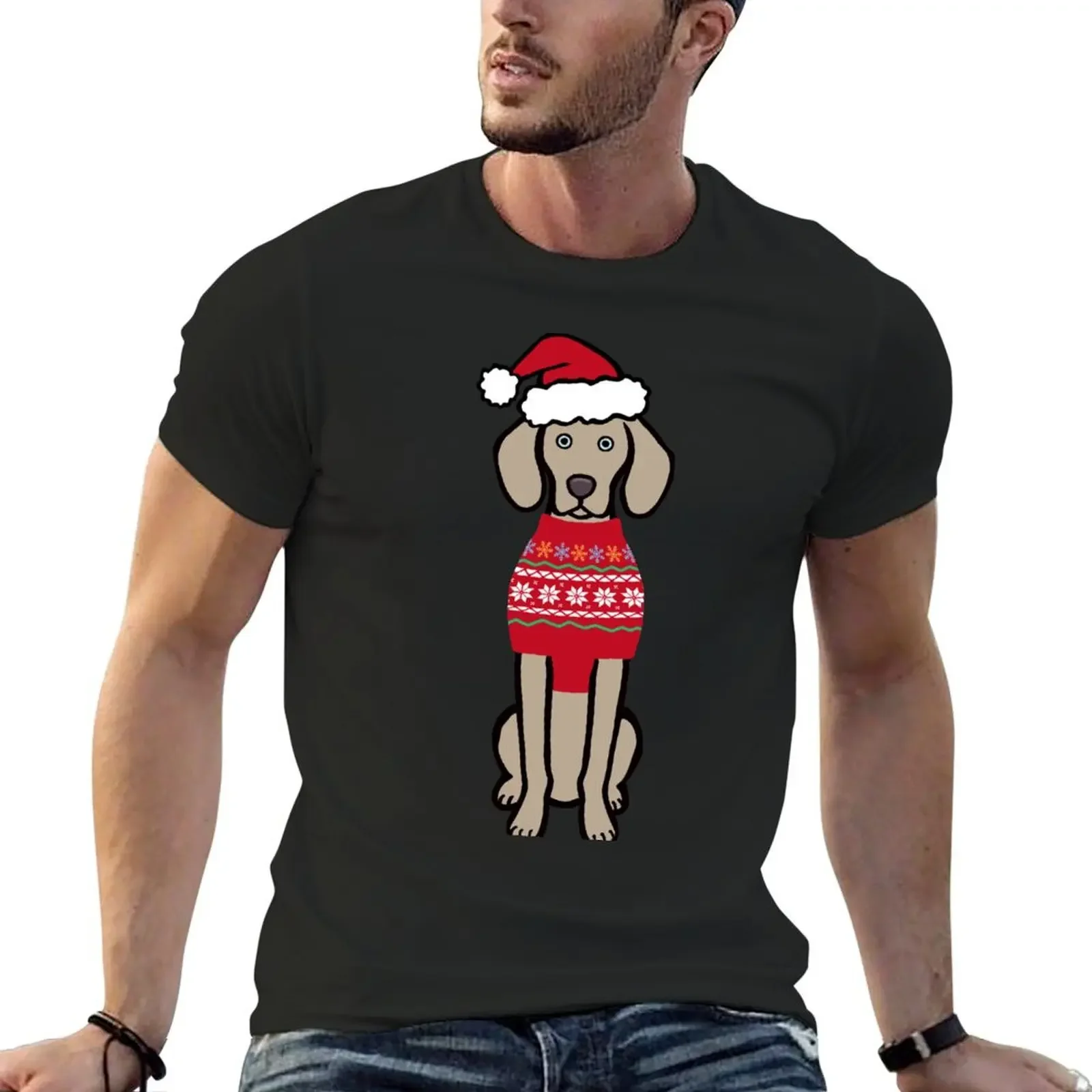 Weimaraner Christmas Santa Hat and Nordic Sweater T-Shirt anime t shirts korean fashion men graphic t shirts