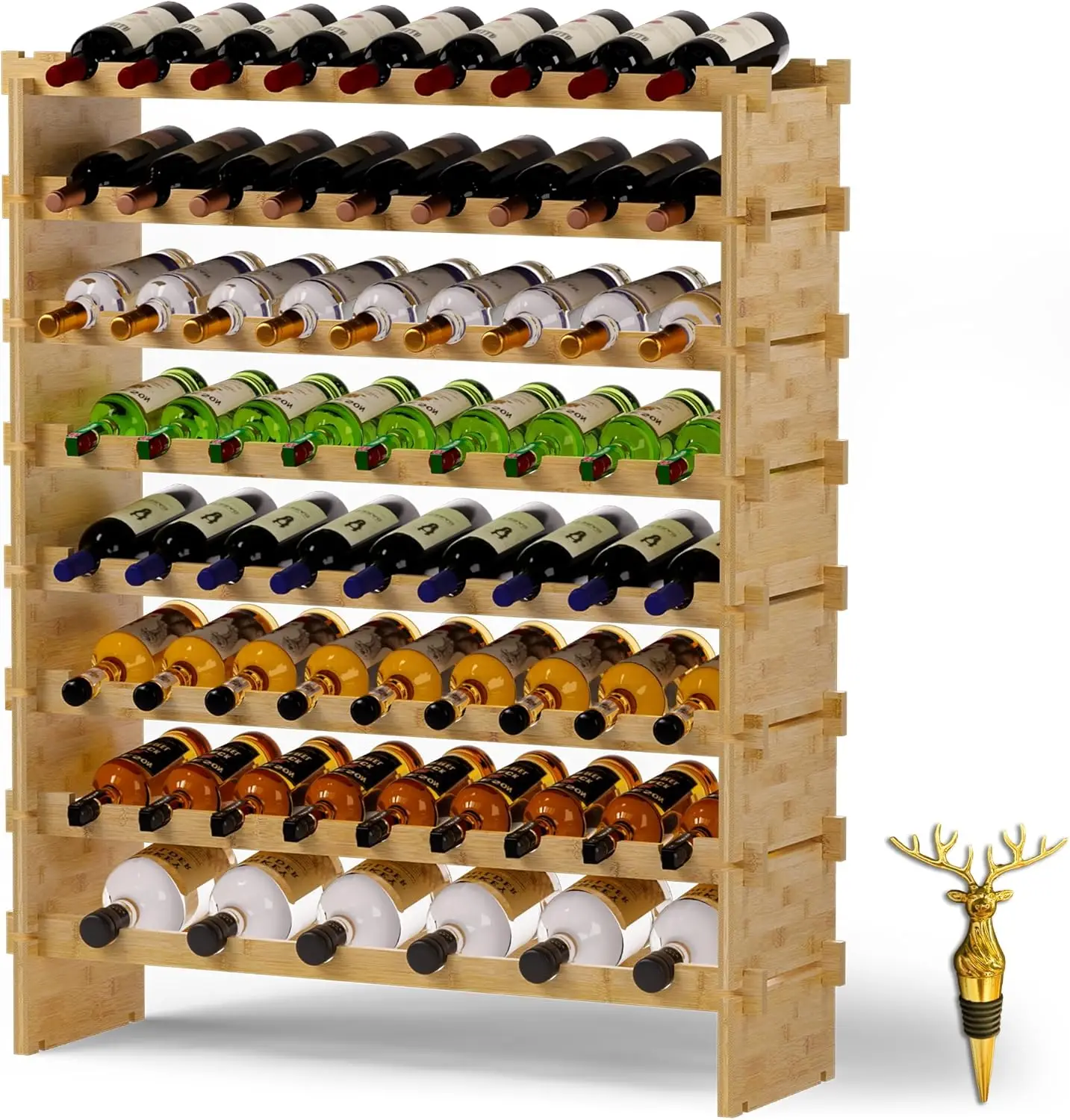 

Wine Rack Freestanding Floor, Bamboo 8-Tier 69 Wine Bottle Holder Racks Countertop Cabinet Display, Wooden Stackable Mod