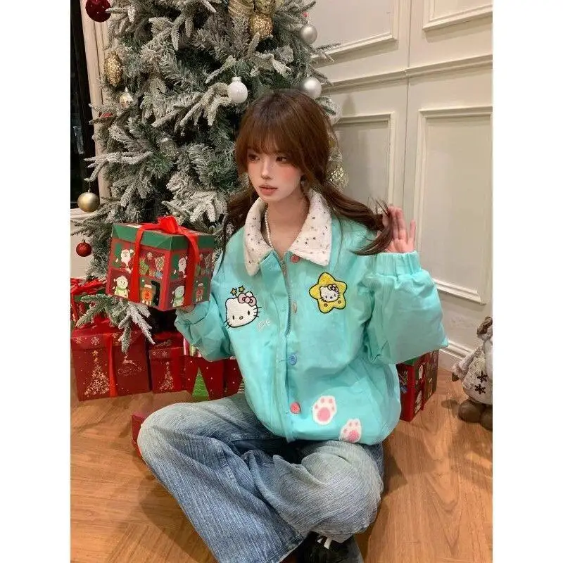 

Женское пальто Sanrio Hello Kitty, зимняя теплая куртка с утеплителем, из плотного хлопка, с плюшевым воротником, милая модная куртка