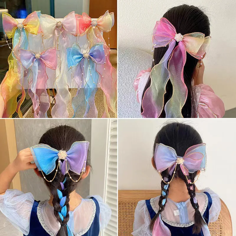 6Pcs/Lot Multi Children's Hairpin Braid Gradable Lace Texture Bow Pearl Chain Fringe Hair Clip Styling Accessories HA2636