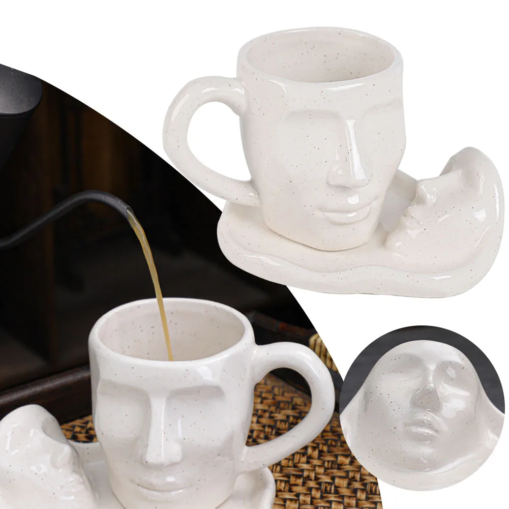 

Abstract Face Coffee Mugs Saucer Set Handle Coffee Water Cup For Women Men Kids