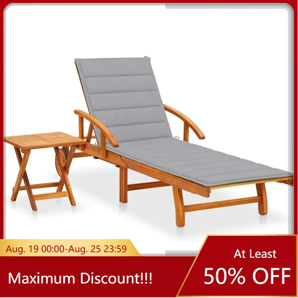 

Patio Sun Lounger with Table and Cushion Solid Acacia Wood,Acacia Wood Sun Lounger with Pull Out Table and Adjustable Backrest