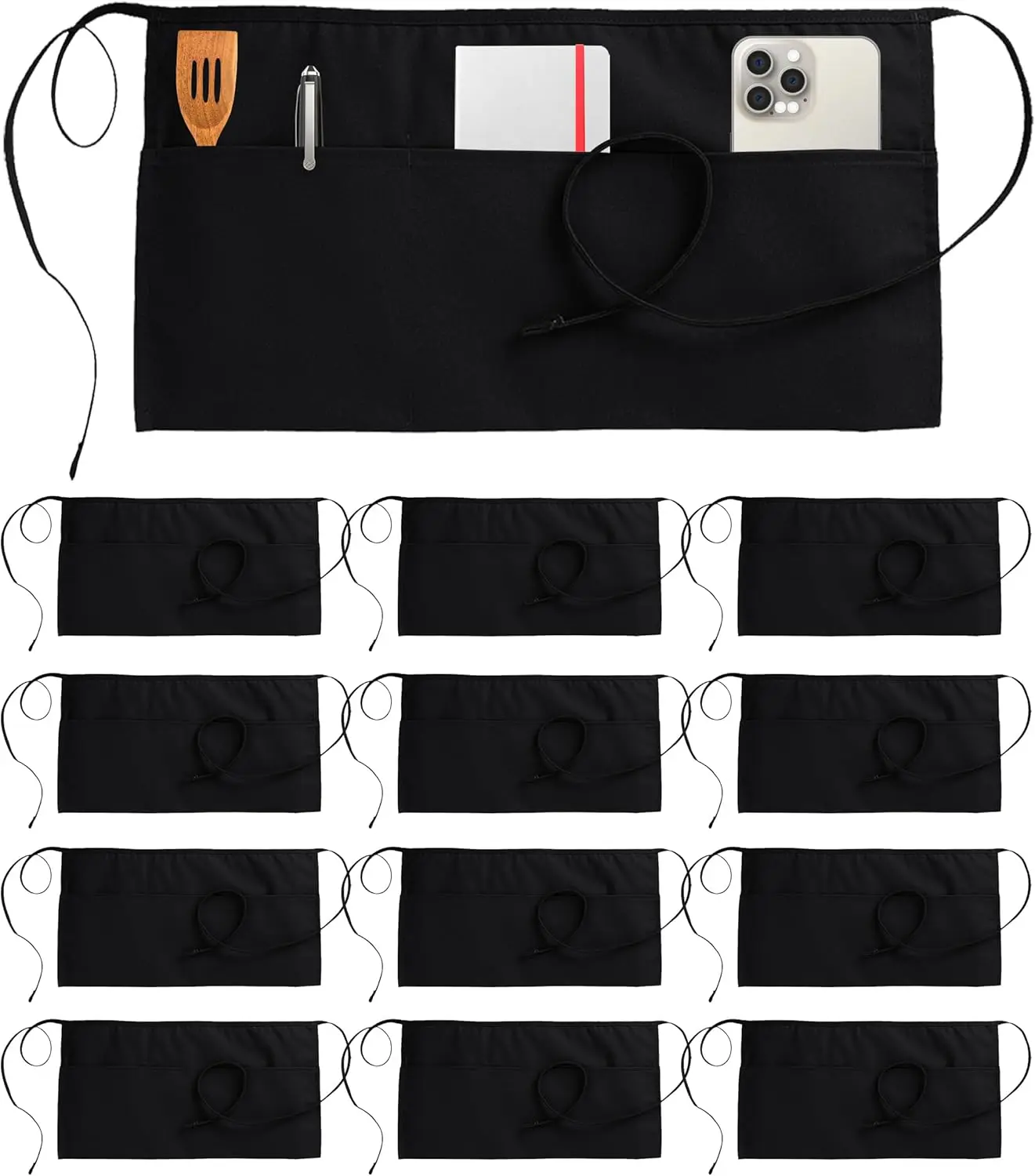 

12 Pack Server Aprons with 3 Pockets, Waist Aprons for Women and Men, Short Waiter Aprons for Restaurant