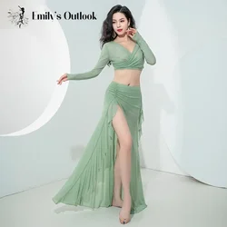 Women Oriental Dance Costume Dress 2 Piece Gauze Top Side Split Long Skirt Professional Dancer Performance Training Outfit New