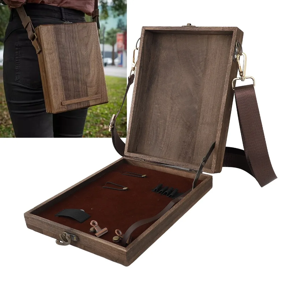 New Carbonized Brown Wooden Messenger Bag Wood Handmade Artists Storage Box Writing Box