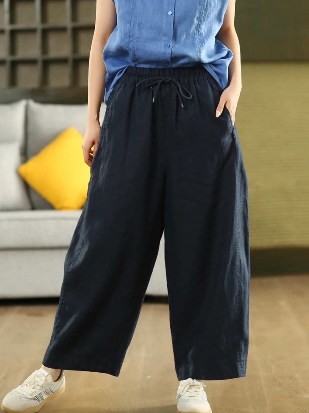 Cintura alta calças de perna larga das mulheres verão fino solto algodão linho nove pontos com cinto drapeado emagrecimento casual foice calças