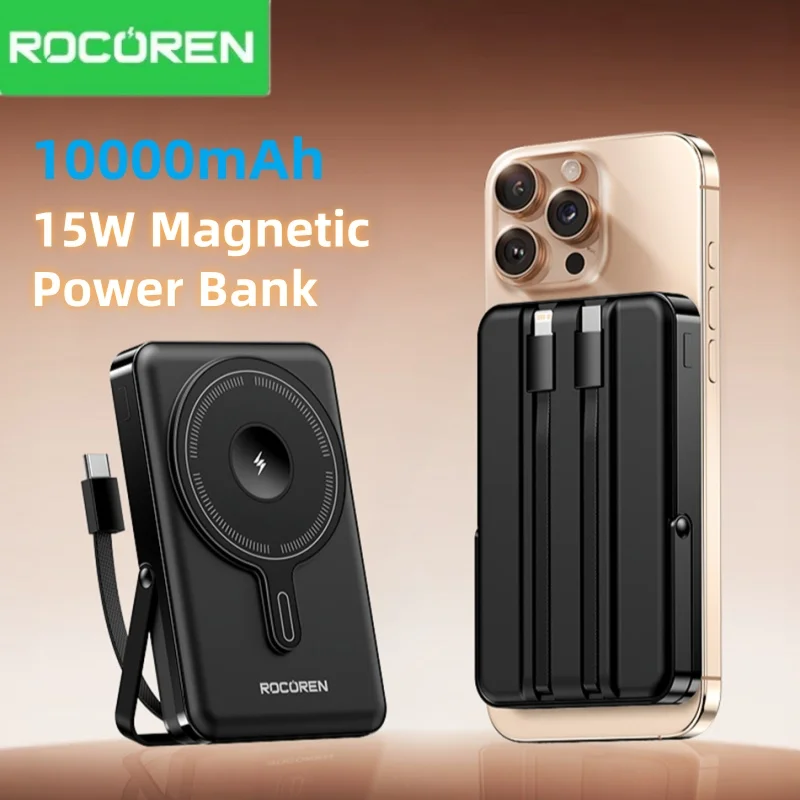 Rocoren PD 22,5 W Schnelllade-Powerbank, 10000 mAh, magnetisches kabelloses Ladegerät für iPhone 16 15 14 Powerbank, integrierte Ladekabel