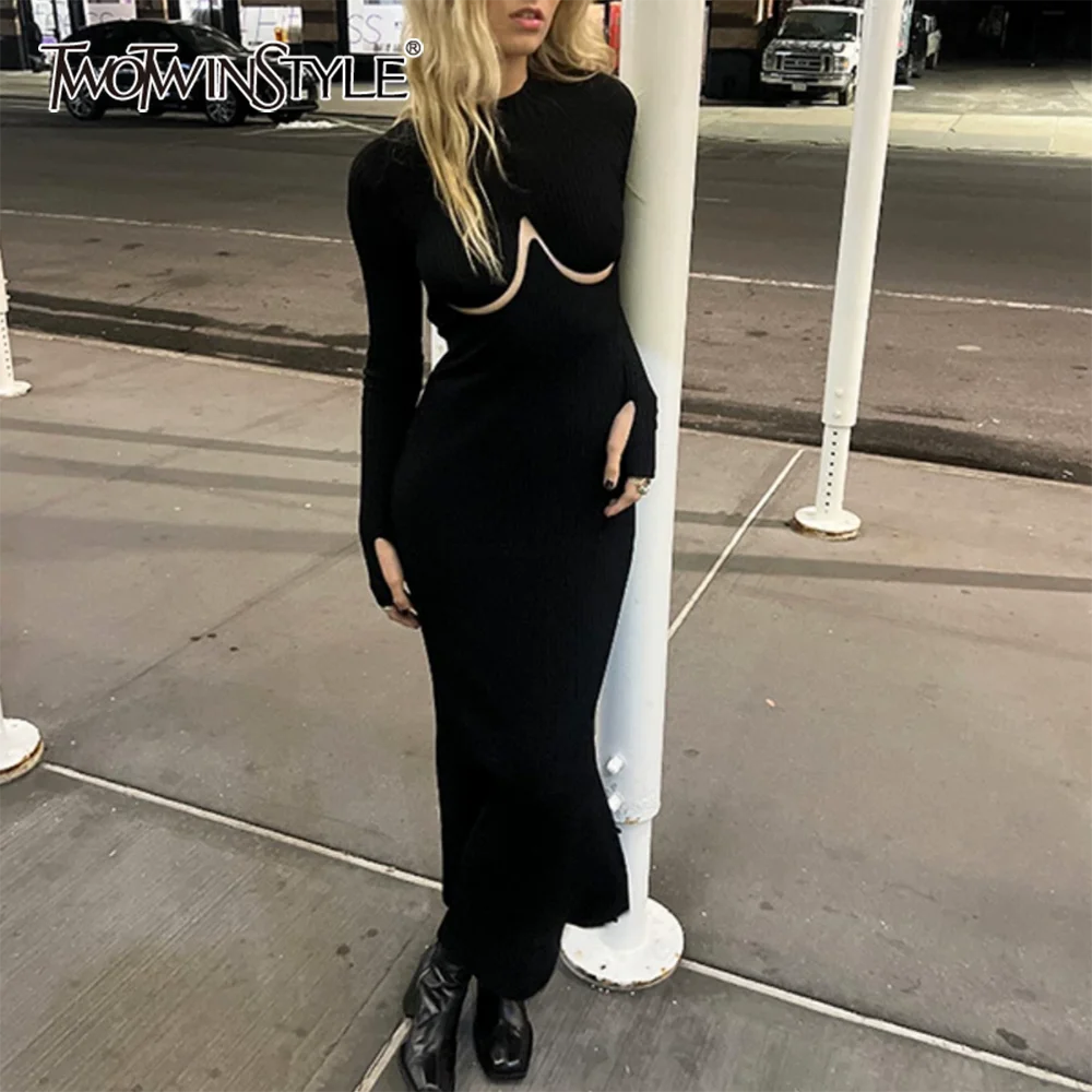 TWOTWINSTYLE, vestidos elegantes de punto con corte liso para mujer, cuello redondo, manga larga, cintura alta, vestido Midi adelgazante, moda femenina