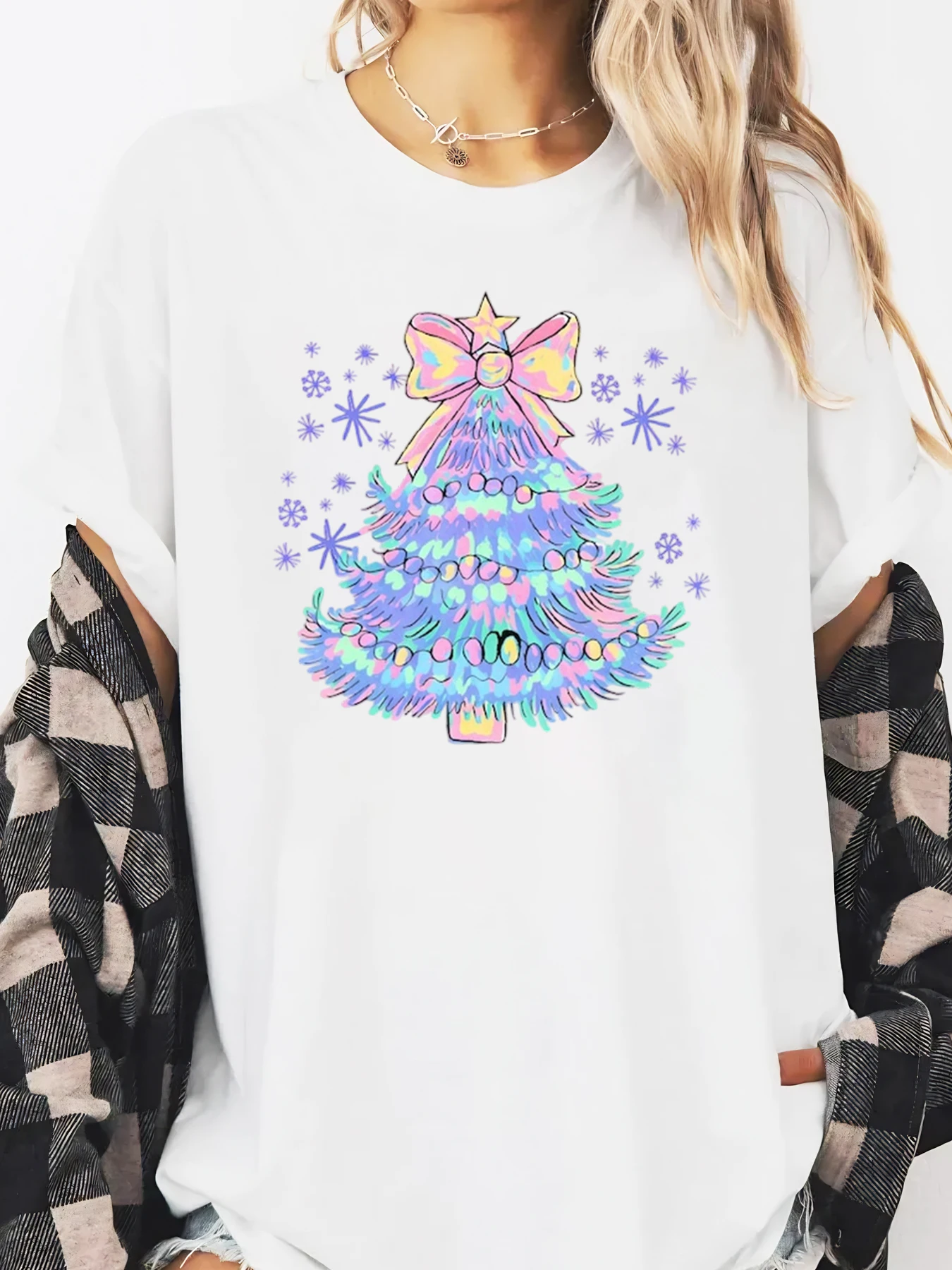 

Christmas Tree Print Holiday T-Shirt Women Casual Winter Outfit White Plus-size