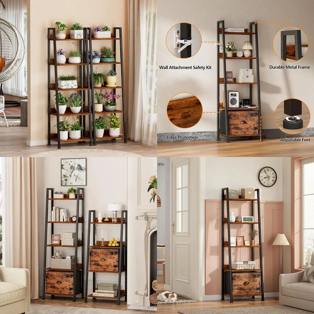 

Rustic 5-Tier Ladder Bookshelf with Removable Drawer, Wood and Metal Storage Organizer for Home and Office