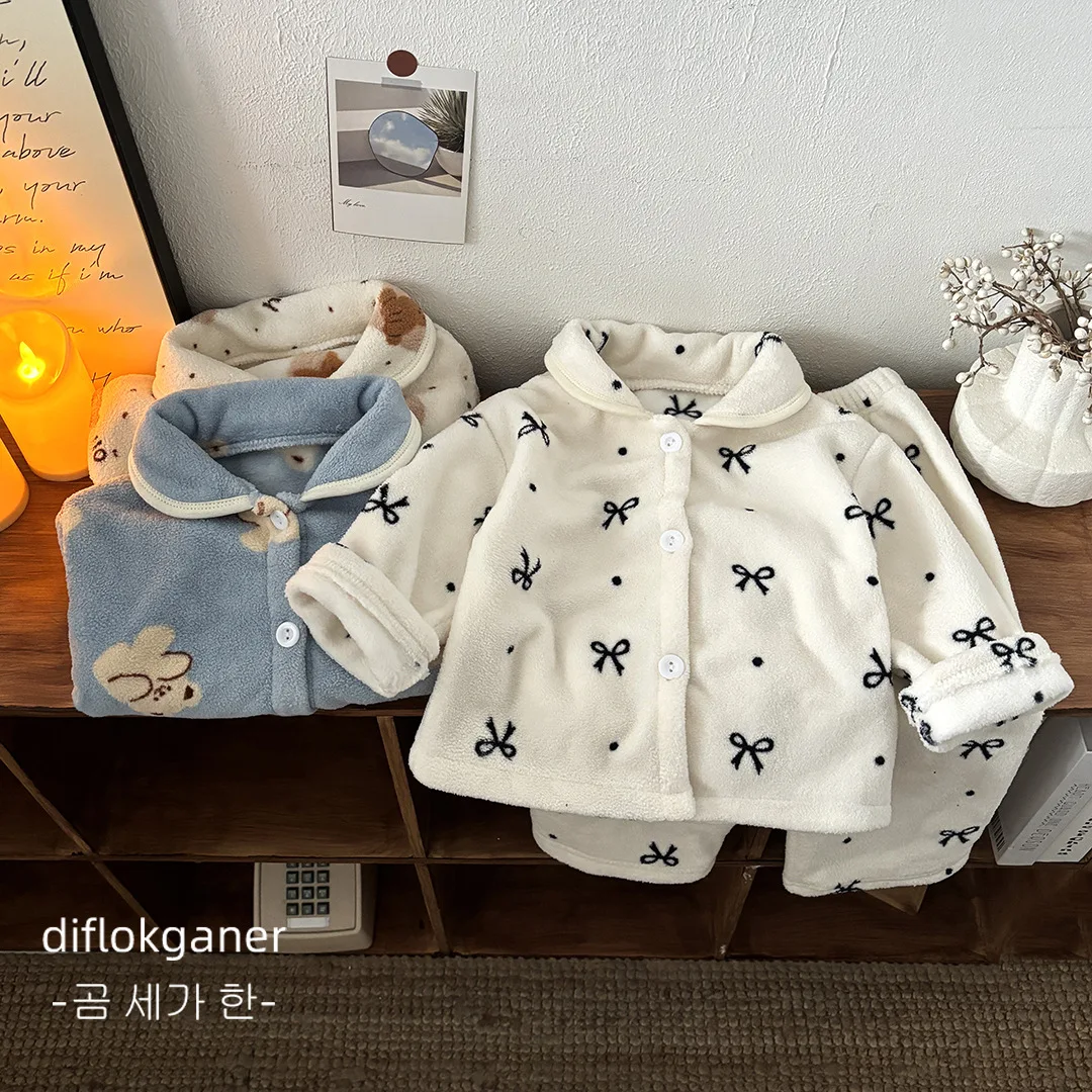New 2026 Kids Autumn Winter Thicken Warm Soft  Pajamas Baby Cute Cartoon Sleepwear Boys Girls Casual Pyjamas Clothing Sets