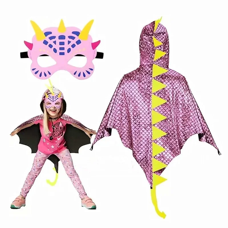 Mantello con cappuccio per dinosauro rosso per bambini con maschera a coda Accessori da polso per feste in costume cosplay di Halloween Regalo per bambini di 3-12 anni