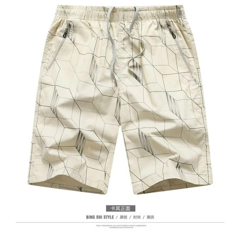 Men's Cotton Knee Length Shorts Summer Thin Geometric Print Casual Beach Shorts With Zipper Pockets Loose Fit Plus Size