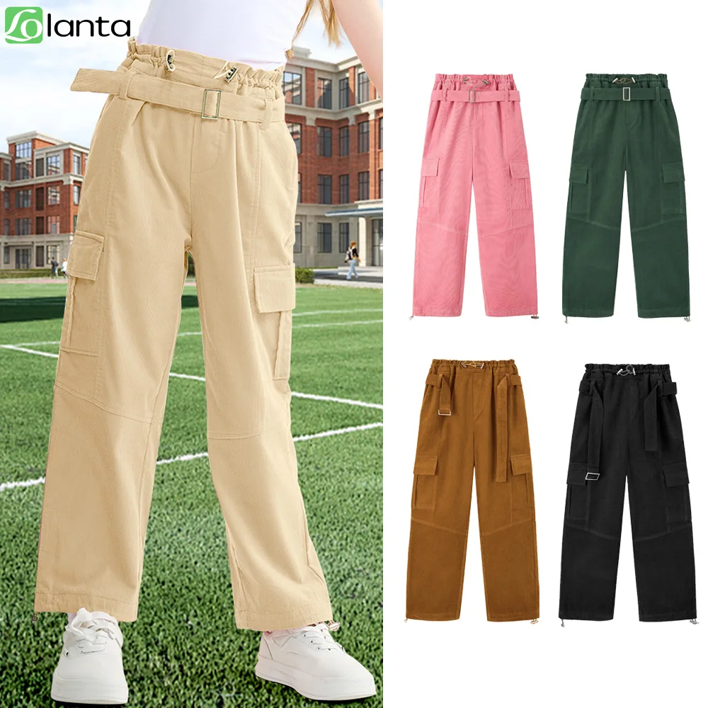 

LOlanta Girls Wide Leg Corduroy Pants High Waist Trousers Vintage Kids Pants Streetwear Casual 5-12 Years