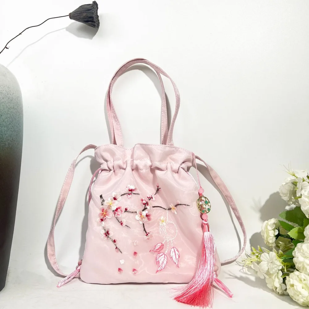 

Элегантная сумка-ведро в китайском стиле с вышивкой цветами Ханьфу, на шнурке, этническая маленькая сумочка на каждый день