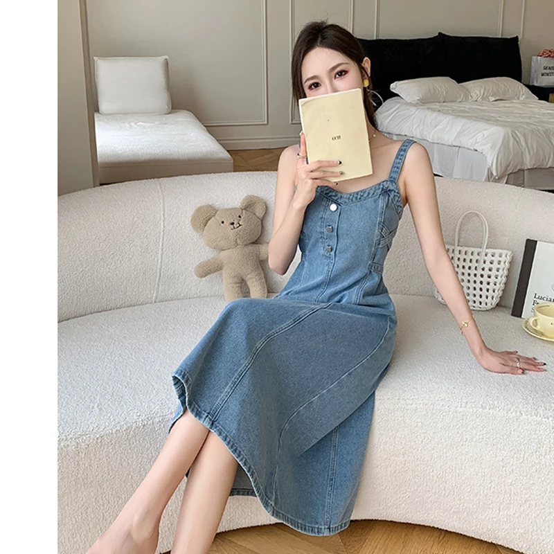 高度なセンスデニムスリングドレス女性の春夏の新サスペンダージーンズドレススリムハイウエストロングドレス Vestidos S-5XL