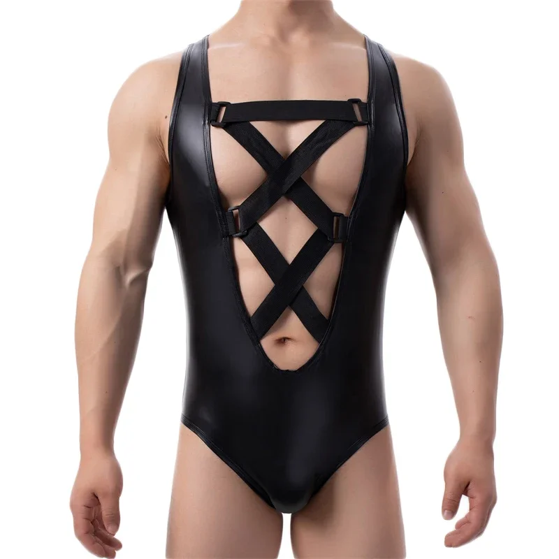 Men's Undershirts Body Shaping Sleeveless Leather Side Net Cross Jumpsuit Slim One-piece Triangle Waist Undershirt