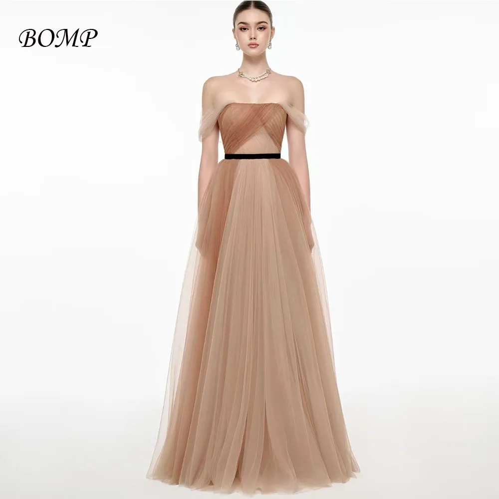 

BOMP Элегантное коричневое контрастное черное свадебное платье с открытыми плечами и драпировкой длиной до пола, тюлевые вечерние платья по индивидуальному заказу