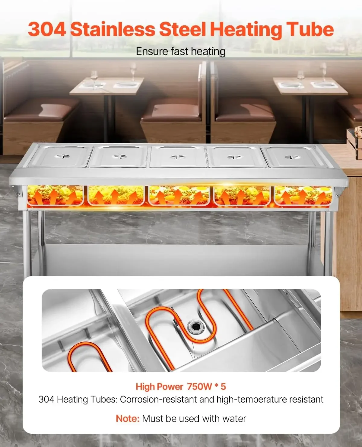 5 Pan Commercial Food Warmer Electric Steam Table with Independent Temperature Control 750W x 5 Stainless Steel Buffet