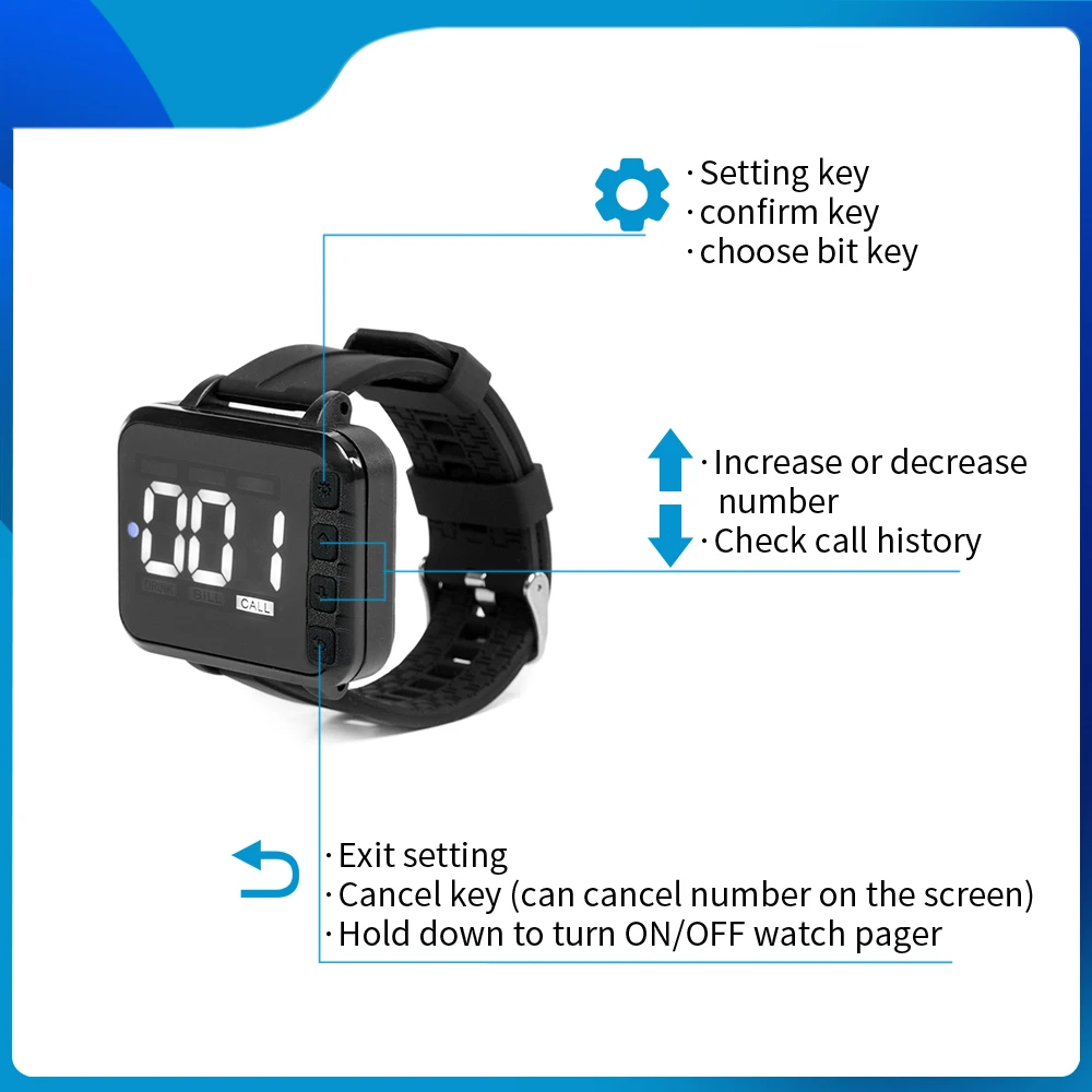 Wireless Calling System Restaurant Waiter Pager 1 Vibration Watch Clock 5 Waterproof Bell Button Hookah