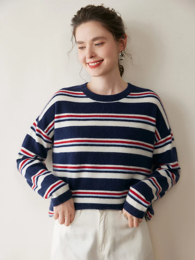 جديد الخريف الشتاء المرأة 100% سترة الكشمير المعنقة مخطط س الرقبة طويلة الأكمام البلوز الكشمير تريكو لينة ملابس غير رسمية نمط