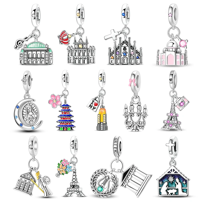 

Hot Sale Charms Bead 925 Sterling Silver World Landmark Architecture Dangle Fit Bangle Bracelet Necklace DIY Jewelry