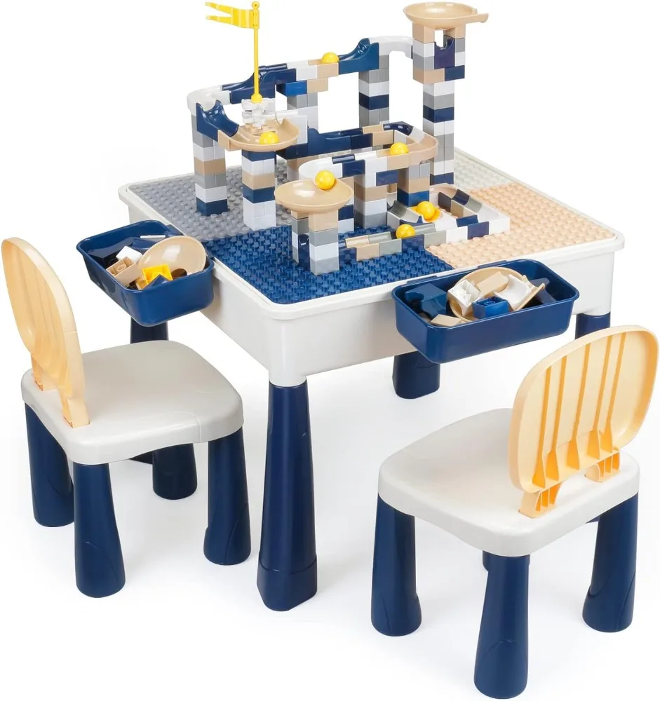 GobiDex All-in-One Kids Table and Chairs Set with 100PCS Marble Run Preschool Classroom Must Haves Multi Activity Toddler Table