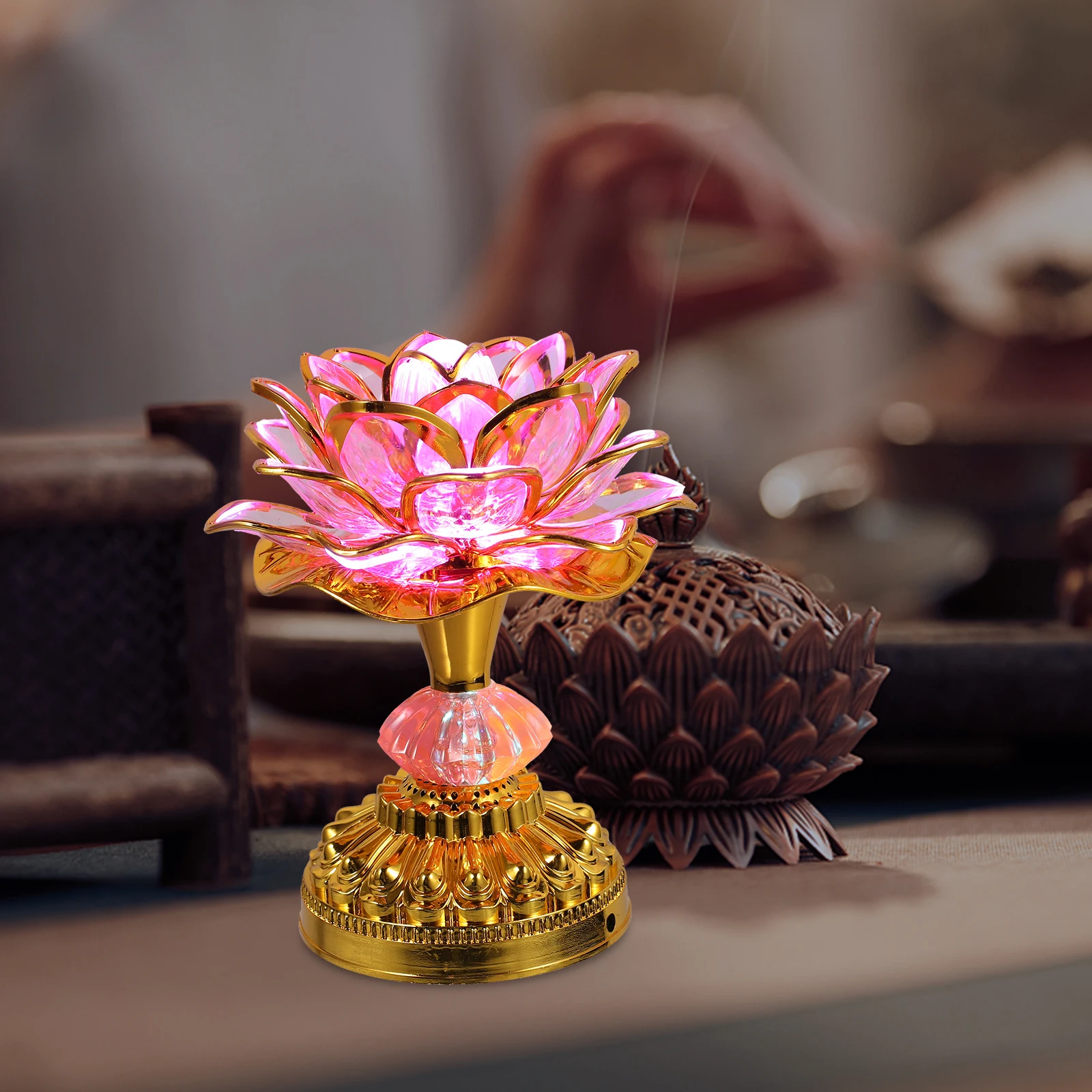 

LED Lotus Lamp 7 Colors Golden Tall Offering Light USB Powered Home Decor Lantern for Worship Hall Table Top