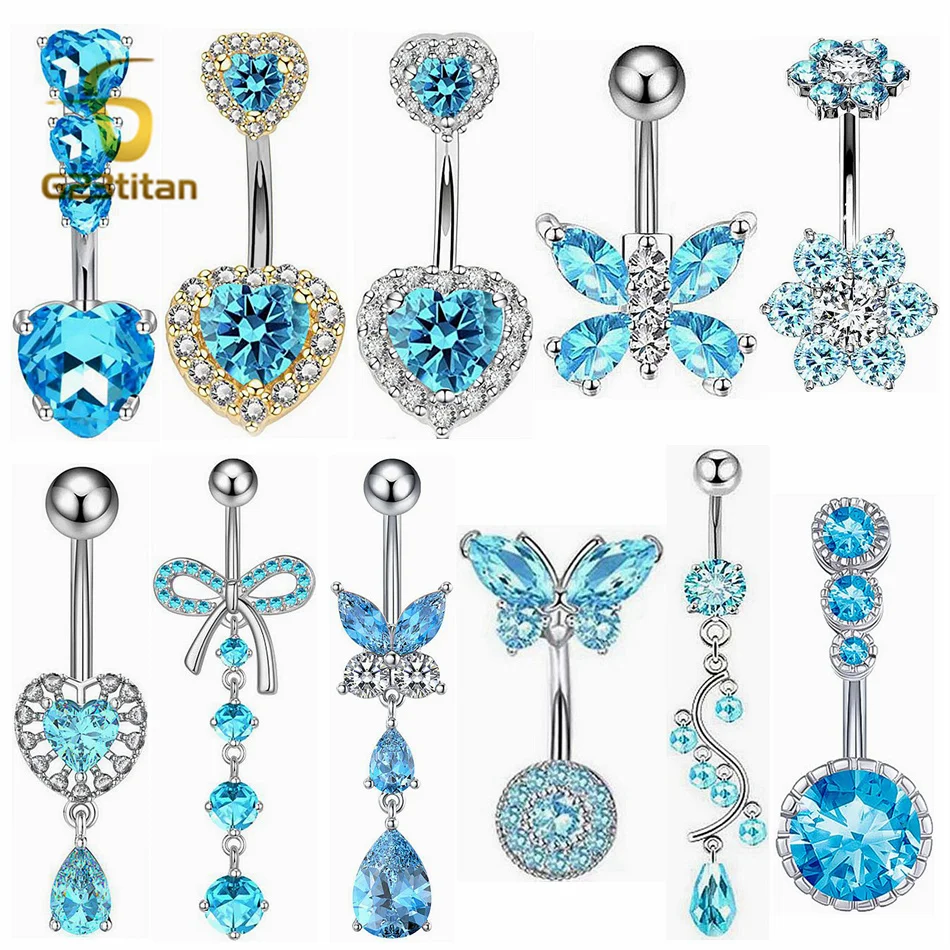 Bohemia Medical Titanium Belly Button Ring for Women Men Charms Blue CZ Zircon Navel Bar 1.6mm 14G Body Jewelry Piercing Barbell