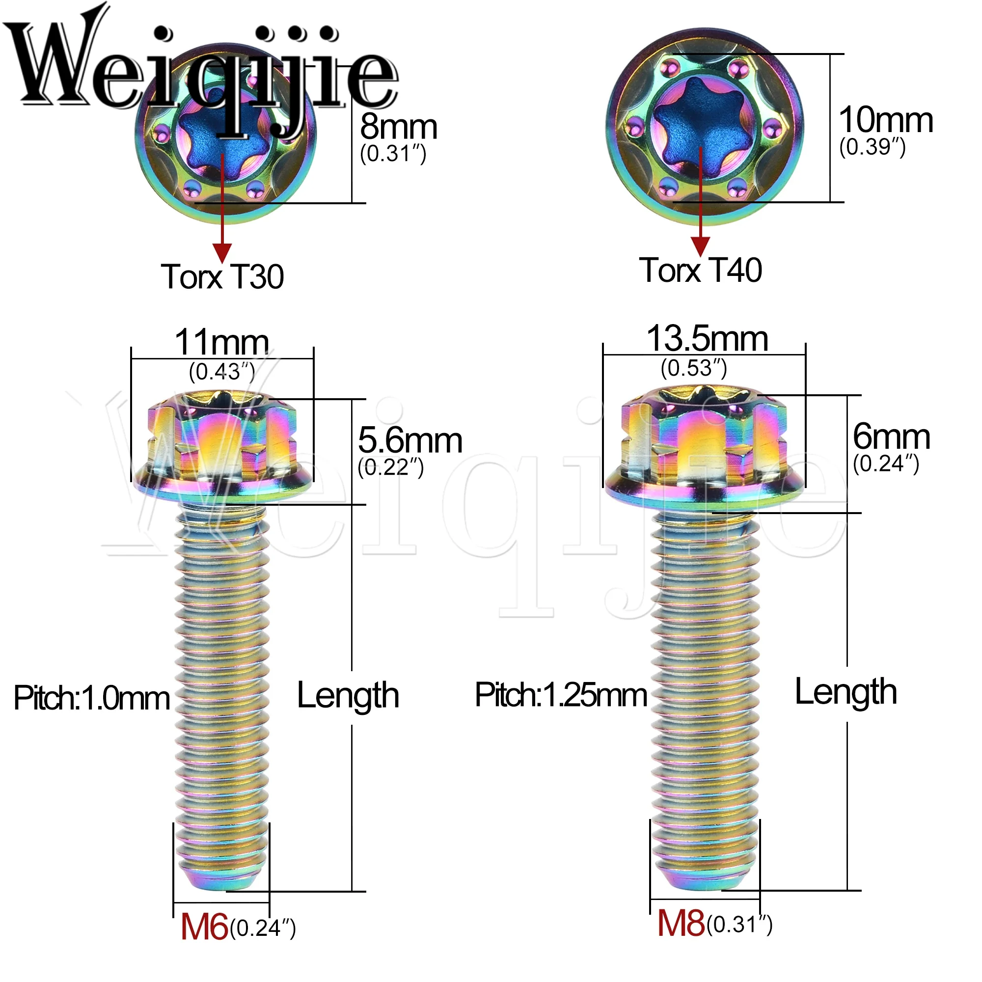 Weiqijie Titanium Parafuso, Flange Parafuso, Acessórios da motocicleta, Torx Head, M6, M8X10, 15, 20, 25, 30, 35, 40, 45, 50, 55mm