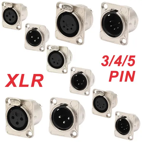 5/20 pces 3/4/5 pinos xlr macho plug fêmea jack xlr conector de metal painel de cobre soquete para microfone alto-falante de áudio