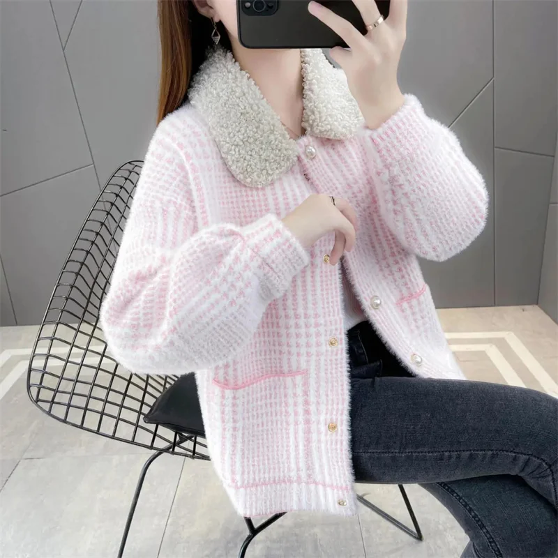 Women Jacket Imitation Mink Velvet Coat New Women\'s Autumn And Winter Loose lattice Knitted Cardigan Female Woolen Coat